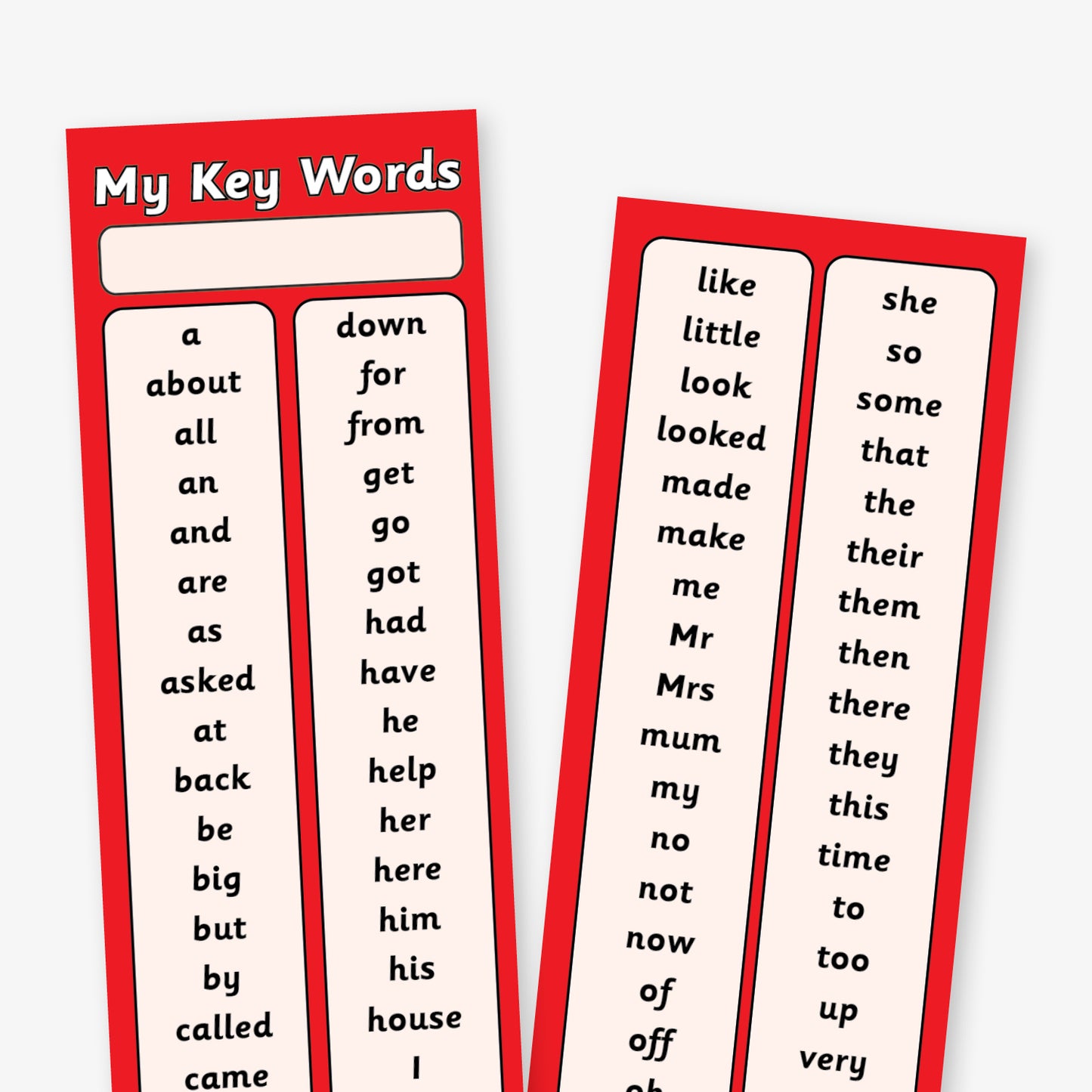 Double-sided red bookmarks titled 'My Key Words', each displaying a list of high-frequency words for early readers. The words are printed in clear black text on a white background and include common terms such as 'about', 'can', 'looked', 'went', and 'your'. These bookmarks are from primaryteaching.co.uk and are designed to support literacy development.