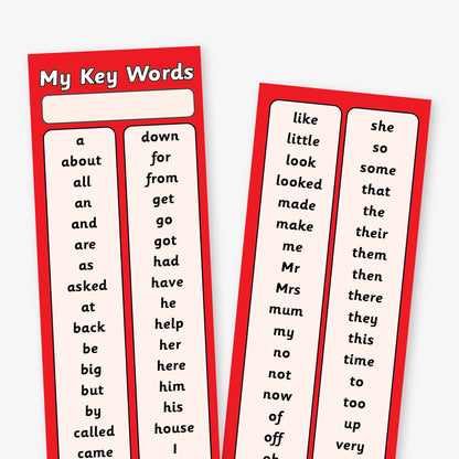 Double-sided red bookmarks titled 'My Key Words', each displaying a list of high-frequency words for early readers. The words are printed in clear black text on a white background and include common terms such as 'about', 'can', 'looked', 'went', and 'your'. These bookmarks are from primaryteaching.co.uk and are designed to support literacy development.