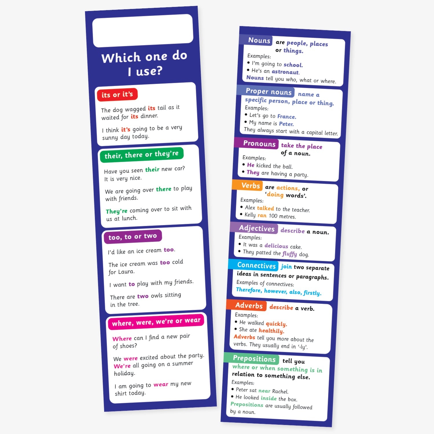 Double-sided blue bookmark with space for a name at the top and entitiled 'Which one do I use?' with the front which word to use including examples of 'too, to or two' and 'where, were, we're or wear' and the reverse focusing on different grammar topics such as nouns, verbs, adjectives, and conjunctions.