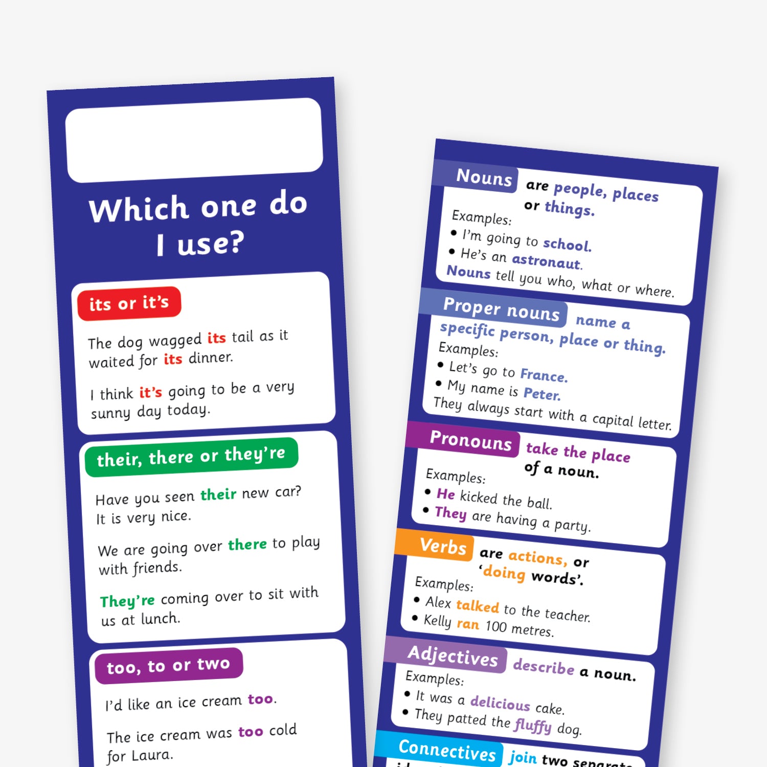 Close up of double-sided blue bookmark with space for a name at the top and entitiled 'Which one do I use?' with the front which word to use including examples of 'too, to or two' and 'where, were, we're or wear' and the reverse focusing on different grammar topics such as nouns, verbs, adjectives, and conjunctions.