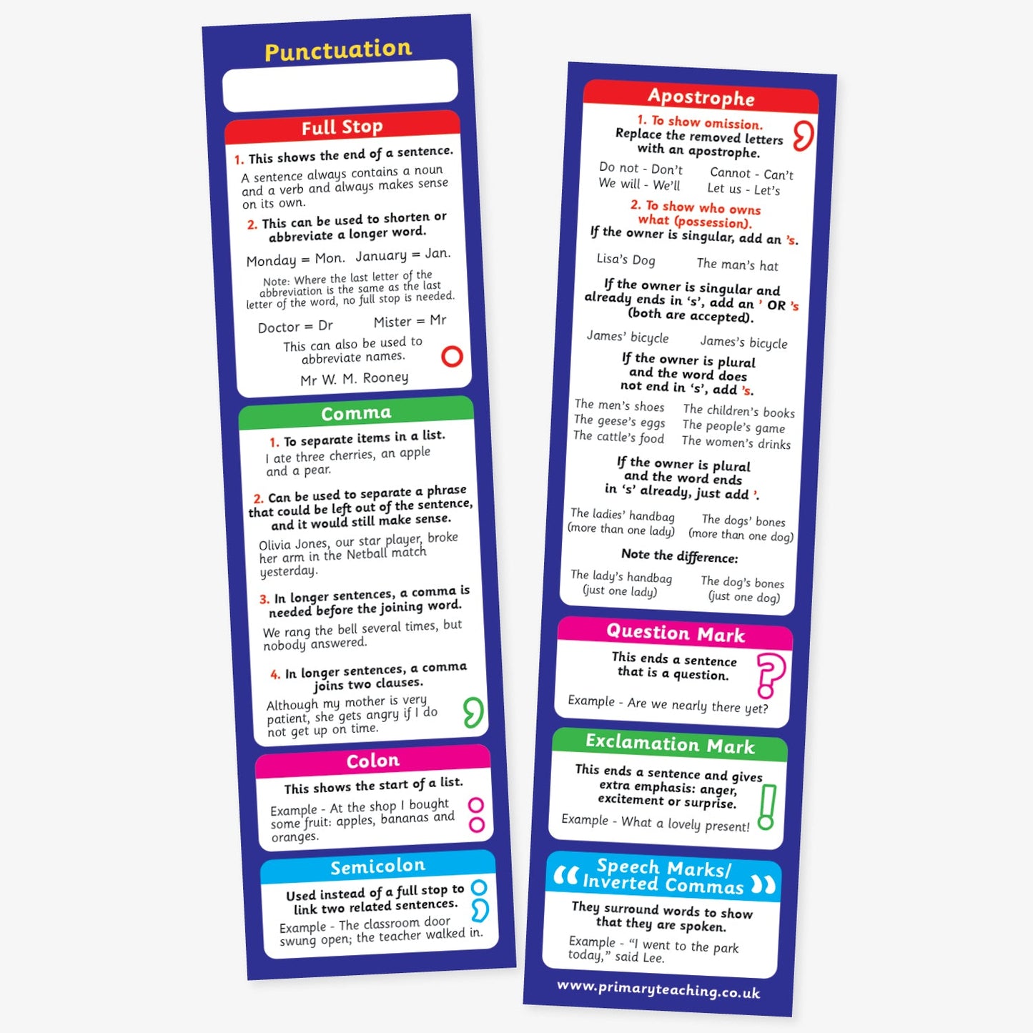 Double sided punctuation bookmarks with a dark blue background. The left bookmark explains the use of full stops, commas, colons, and semicolons with colour-coded sections and examples. The right bookmark covers apostrophes, question marks, exclamation marks, and speech marks (inverted commas), also with examples and colour-coded boxes for clarity. Both bookmarks are designed as quick-reference grammar tools for pupils.