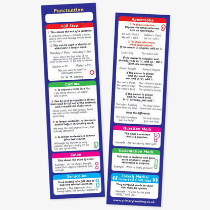 Double sided punctuation bookmarks with a dark blue background. The left bookmark explains the use of full stops, commas, colons, and semicolons with colour-coded sections and examples. The right bookmark covers apostrophes, question marks, exclamation marks, and speech marks (inverted commas), also with examples and colour-coded boxes for clarity. Both bookmarks are designed as quick-reference grammar tools for pupils.