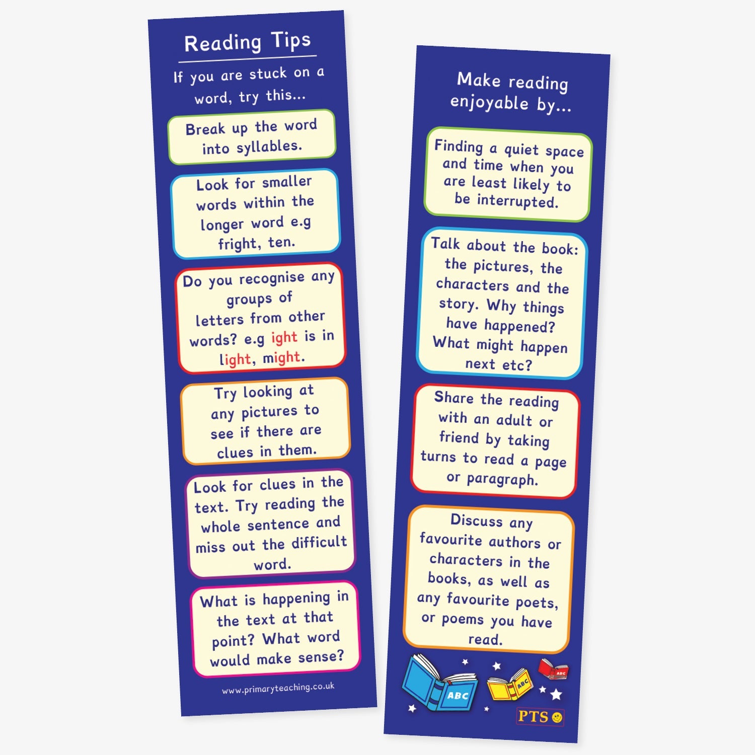 Double-sided reading tips bookmarks with blue background and reading theme illustrations. The left provides strategies for decoding tricky words, such as break words into syllables, look for smaller words within words and checking for context clues. The right bookmark, titled 'Make reading enjoyable by...', suggests ideas like finding a quiet space, sharing reading with an adult, and talking about favourite books or authors. 