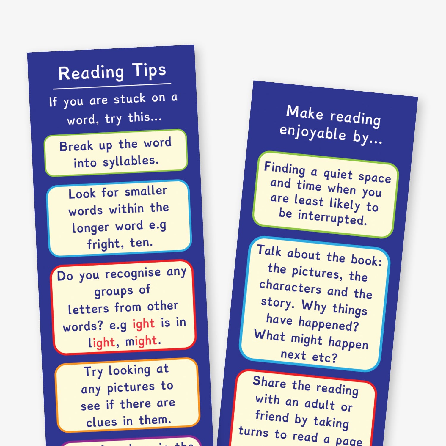 Double-sided reading tips bookmarks with blue background and reading theme illustrations. The left provides strategies for decoding tricky words, such as break words into syllables, look for smaller words within words and checking for context clues. The right bookmark, titled 'Make reading enjoyable by...', suggests ideas like finding a quiet space, sharing reading with an adult, and talking about favourite books or authors. 