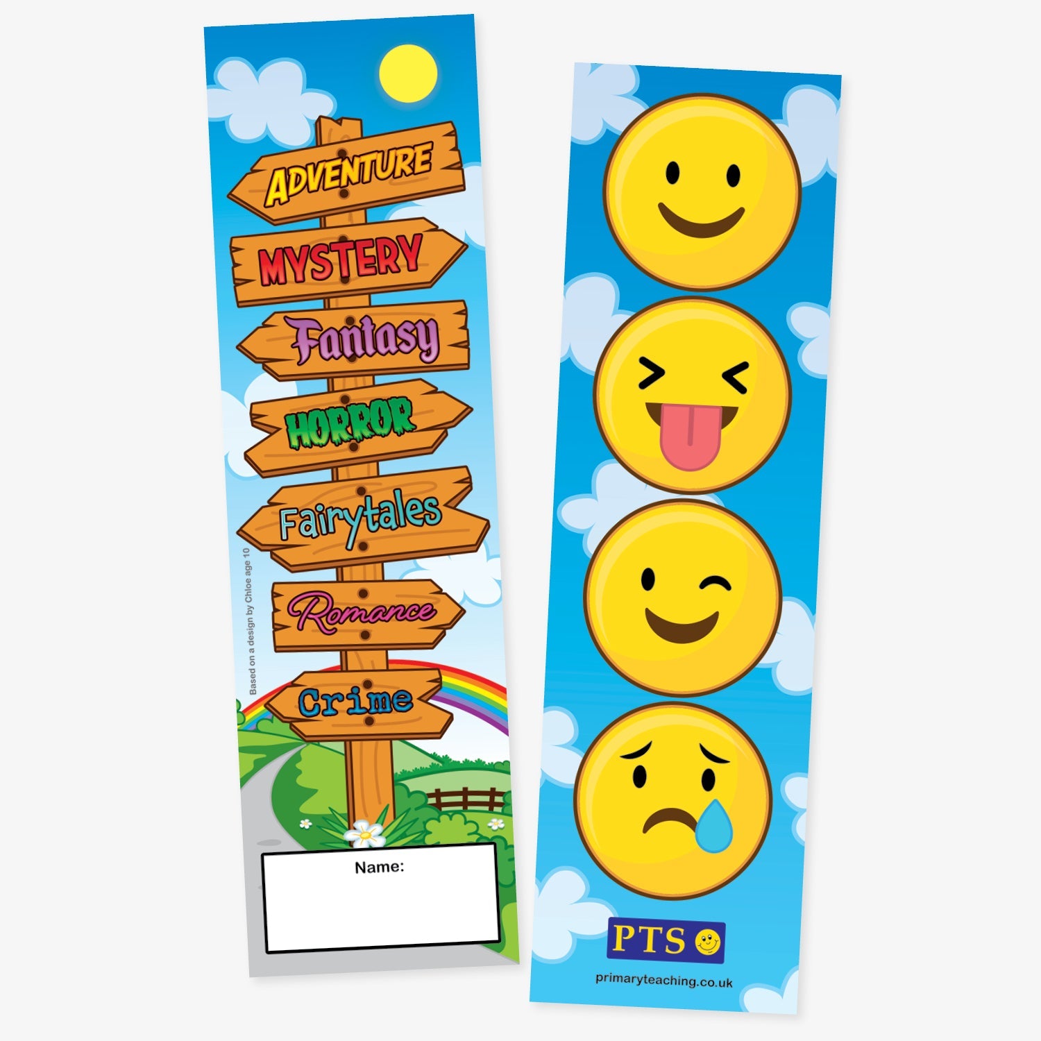 Double-sided bookmarks. One side features wooden signposts with colourful genre labels including Adventure, Mystery, Fantasy, Horror, Fairy Tales, Romance, and Crime, set in a sunny outdoor scene. The other side shows four large emoji faces expressing various emotions, against a blue sky background with clouds, and space for a name.