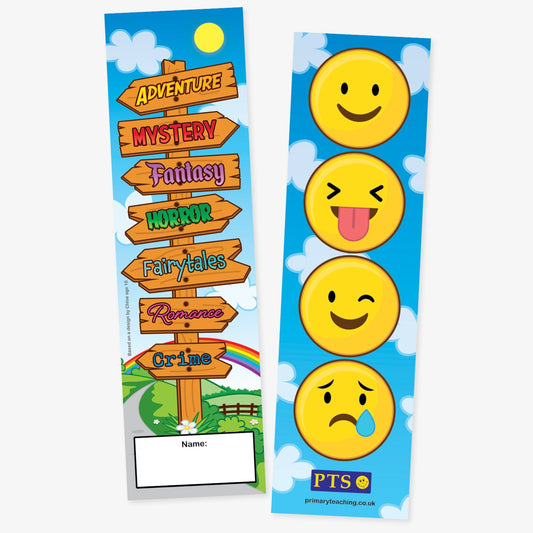 Double-sided bookmarks. One side features wooden signposts with colourful genre labels including Adventure, Mystery, Fantasy, Horror, Fairy Tales, Romance, and Crime, set in a sunny outdoor scene. The other side shows four large emoji faces expressing various emotions, against a blue sky background with clouds, and space for a name.