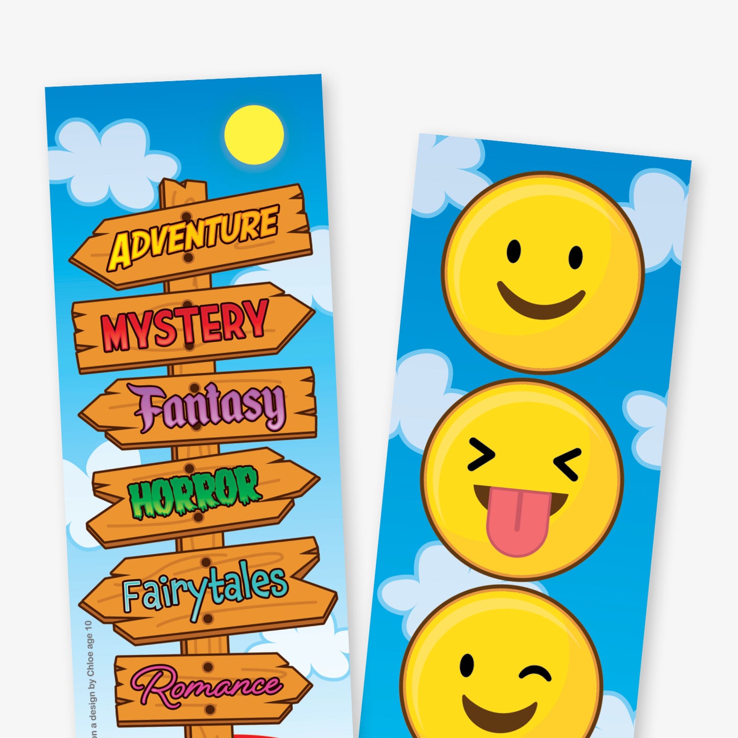 Close up of Double-sided bookmark. One side features wooden signposts with colourful genre labels including Adventure, Mystery, Fantasy, Horror, Fairy Tales, Romance, and Crime, set in a sunny outdoor scene. The other side shows three large emoji faces expressing various emotions, against a blue sky background with clouds.