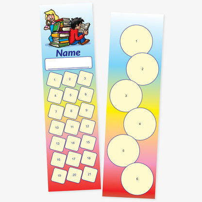 Double-sided bookmark. One side features 2 children sat with a pile of books, a space for a name and then 21 spaces for stickers The other side shows 6 spaces for larger stickers, against a rainbow hue background.