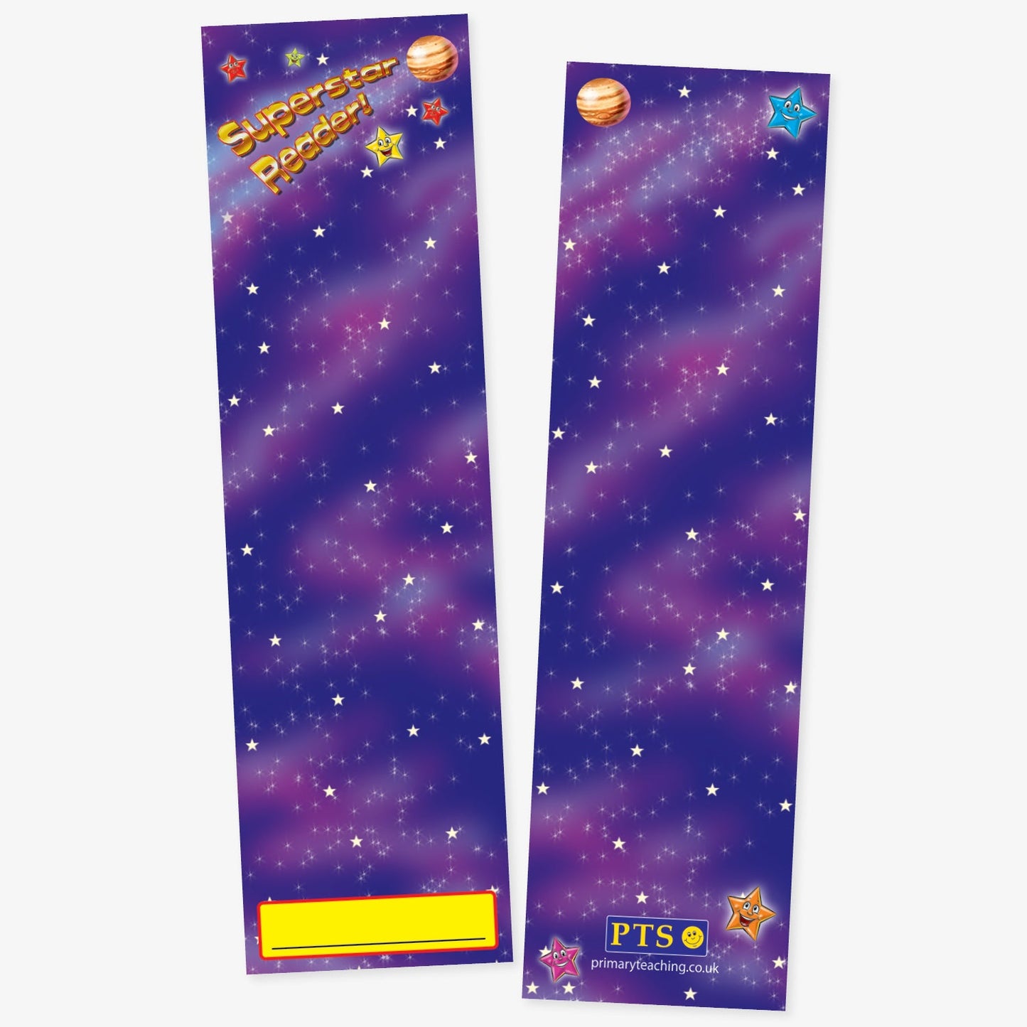 A double sided galaxy-themed bookmarks with a purple starry sky background. The left bookmark reads 'Superstar Reader!' in yellow text with a planet and stars, and includes a yellow box at the bottom for writing a name. The right bookmark features the same background and space-themed decorations