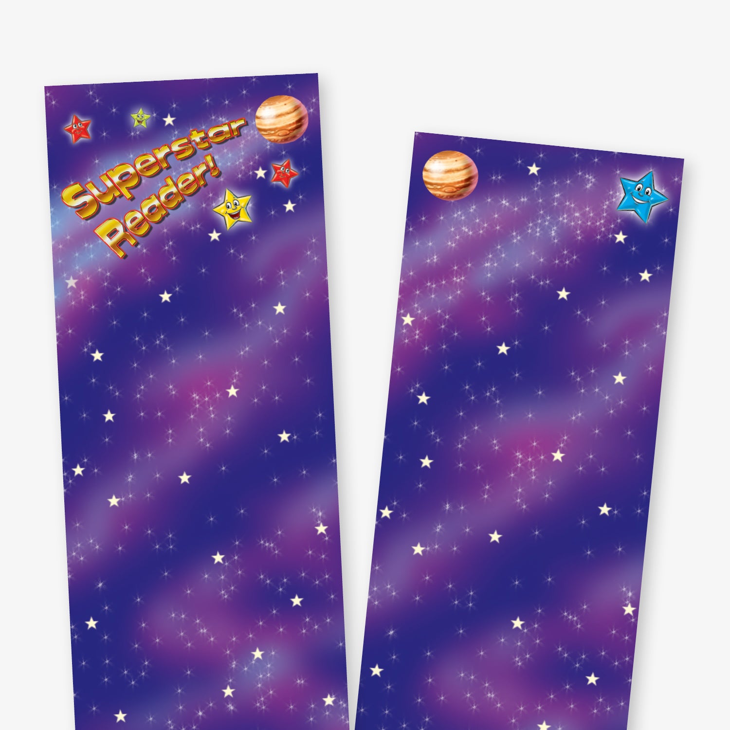 A double sided galaxy-themed bookmarks with a purple starry sky background. The left bookmark reads 'Superstar Reader!' in yellow text with a planet and stars, and includes a yellow box at the bottom for writing a name. The right bookmark features the same background and space-themed decorations