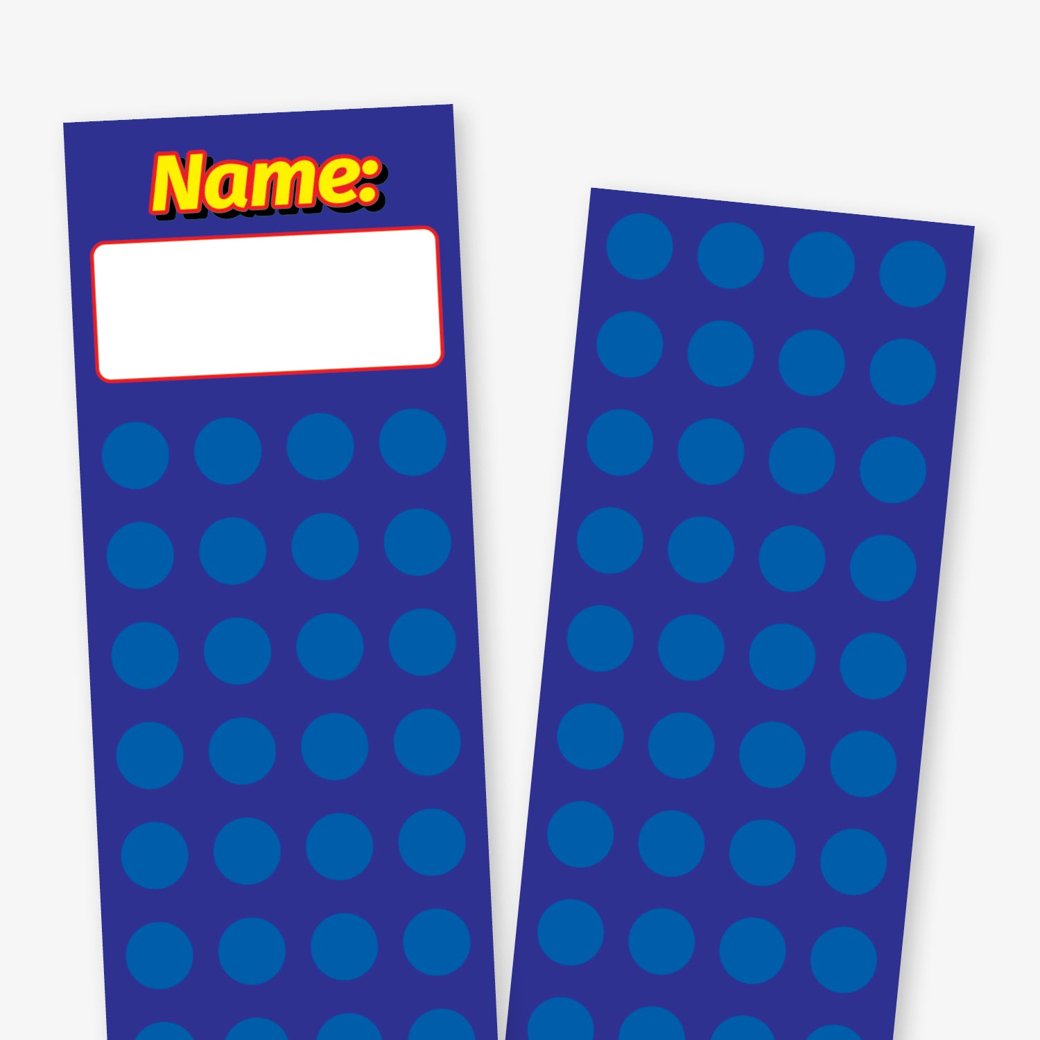 Close up of a tall, blue double-sided bookmark with 'Name:' at the top in yellow text with a white space for a name to be writing.  The front has space for 44 diddi-dot stickers and the reverse has space for a further 52 stickers.