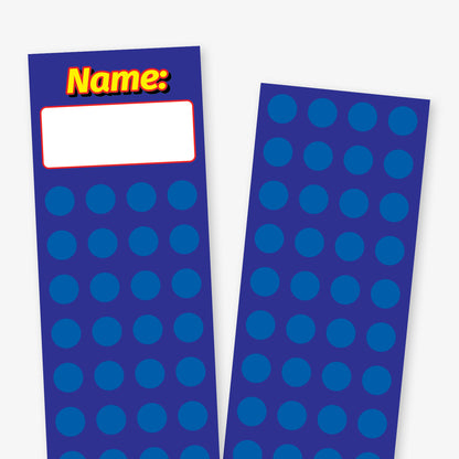 Close up of a tall, blue double-sided bookmark with 'Name:' at the top in yellow text with a white space for a name to be writing.  The front has space for 44 diddi-dot stickers and the reverse has space for a further 52 stickers.