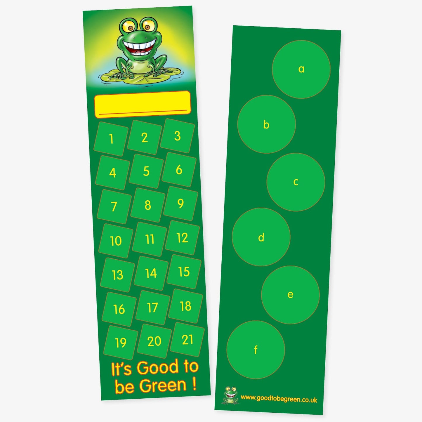 Double-sided green bookmark. One side features a cartoon smiling frog sitting on a lily pad, a space for a name and then 21 spaces for stickers The other side shows 6 spaces for larger stickers.  The phrase 'It's Good to be Green!' is at the bottom of the bookmark.