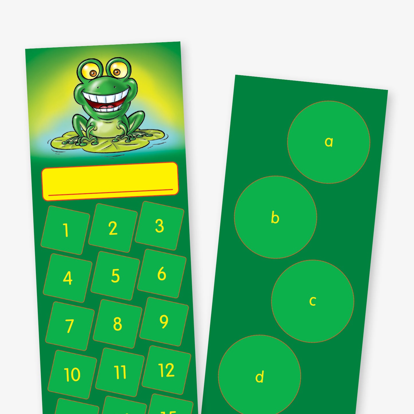 Closer up of double-sided green bookmark. One side features a cartoon smiling frog sitting on a lily pad, a space for a name and then 21 spaces for stickers The other side shows 6 spaces for larger stickers.  The phrase 'It's Good to be Green!' is at the bottom of the bookmark.