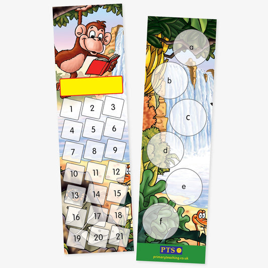 Double-sided jungle-themed bookmarks designed as reward trackers. The left bookmark features a cartoon monkey reading a book at the top, a yellow name label space, and numbered squares from 1 to 20. The right bookmark shows a waterfall background with five large circles labelled a to e for sticker placement. Both bookmarks include lush greenery and animals.