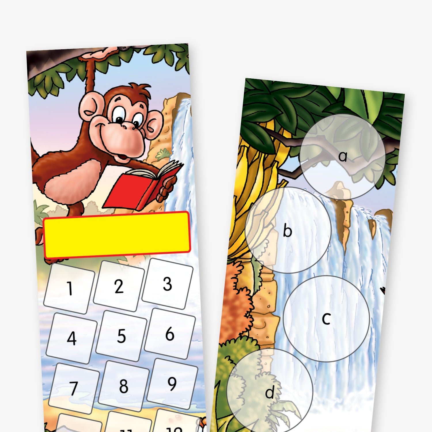 Double-sided jungle-themed bookmarks designed as reward trackers. The left bookmark features a cartoon monkey reading a book at the top, a yellow name label space, and numbered squares from 1 to 20. The right bookmark shows a waterfall background with five large circles labelled a to e for sticker placement. Both bookmarks include lush greenery and animals.