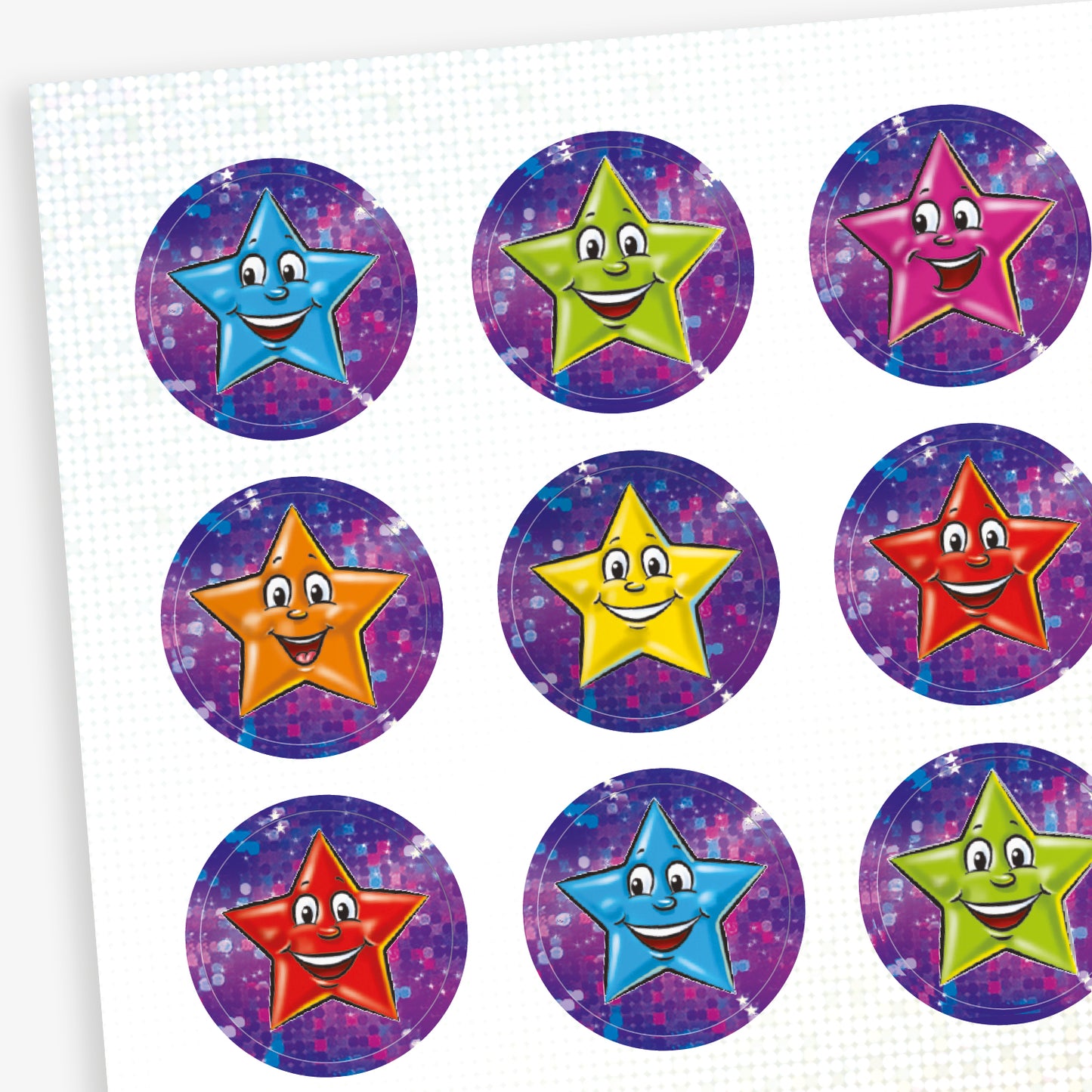 A sheet of colourful circular stickers featuring smiling cartoon stars in various colours—blue, green, pink, orange, yellow, and red—set against a sparkly purple holographic background.