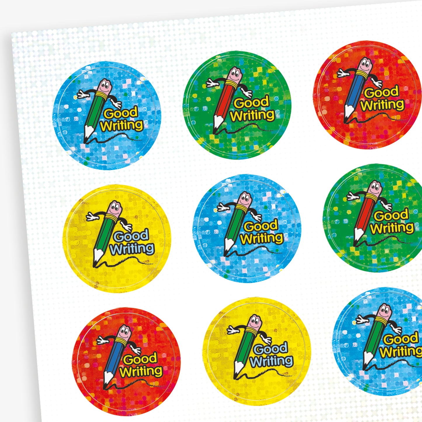 A sheet of circular 'Good Writing' reward stickers with a sparkly blue, red, green or yellow background. Each sticker features a smiling pencil character with the words 'GOOD WRITING' in bold text besides the illustration.