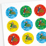 A sheet of circular 'Good Writing' reward stickers with a sparkly blue, red, green or yellow background. Each sticker features a smiling pencil character with the words 'GOOD WRITING' in bold text besides the illustration.