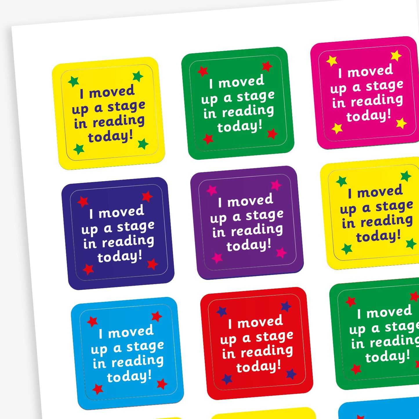 A sheet of square stickers each with the phrase 'I moved up a stage in reading today' in white text against vibrant background colours such as cyan, magenta, red, yellow, purple, blu and green.  Each sticker has a star in each corner in a contrasting colour.