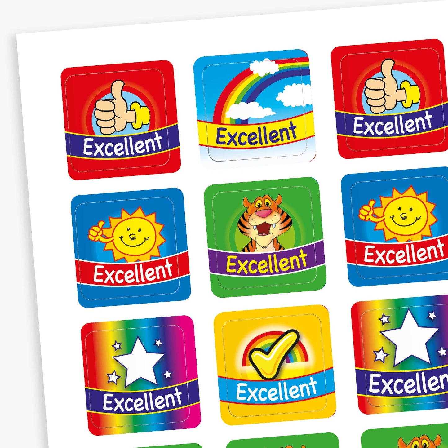A sheet of square stickers each with the word 'excellent' in a coloured banner against various background images including: thumbs up icon, rainbow, star, smiling sun and a tiger.