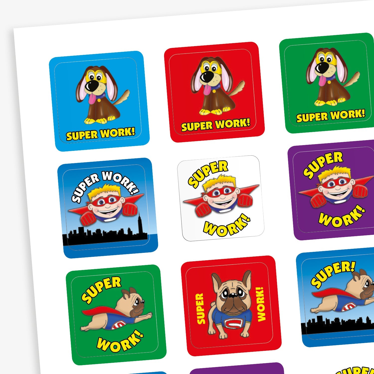 A sheet of square stickers in various background colours including cyan, red, white, purple and green each with the message 'Super Work!' around an illustration a superhero person or dog.
