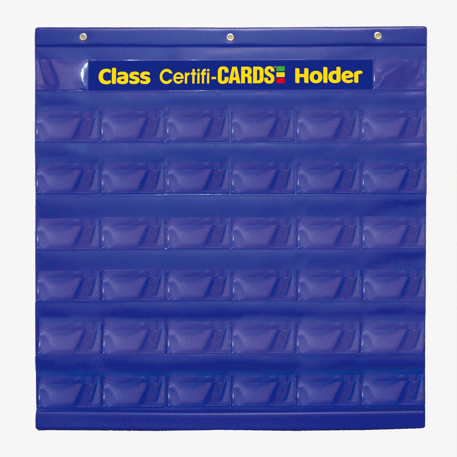 Blue plastic certificard holder, holds 36 certificards in individual pockets.