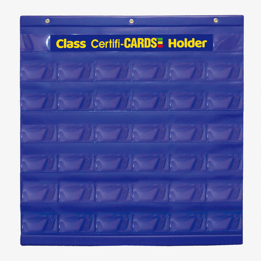 Blue plastic certificard holder, holds 36 certificards in individual pockets.