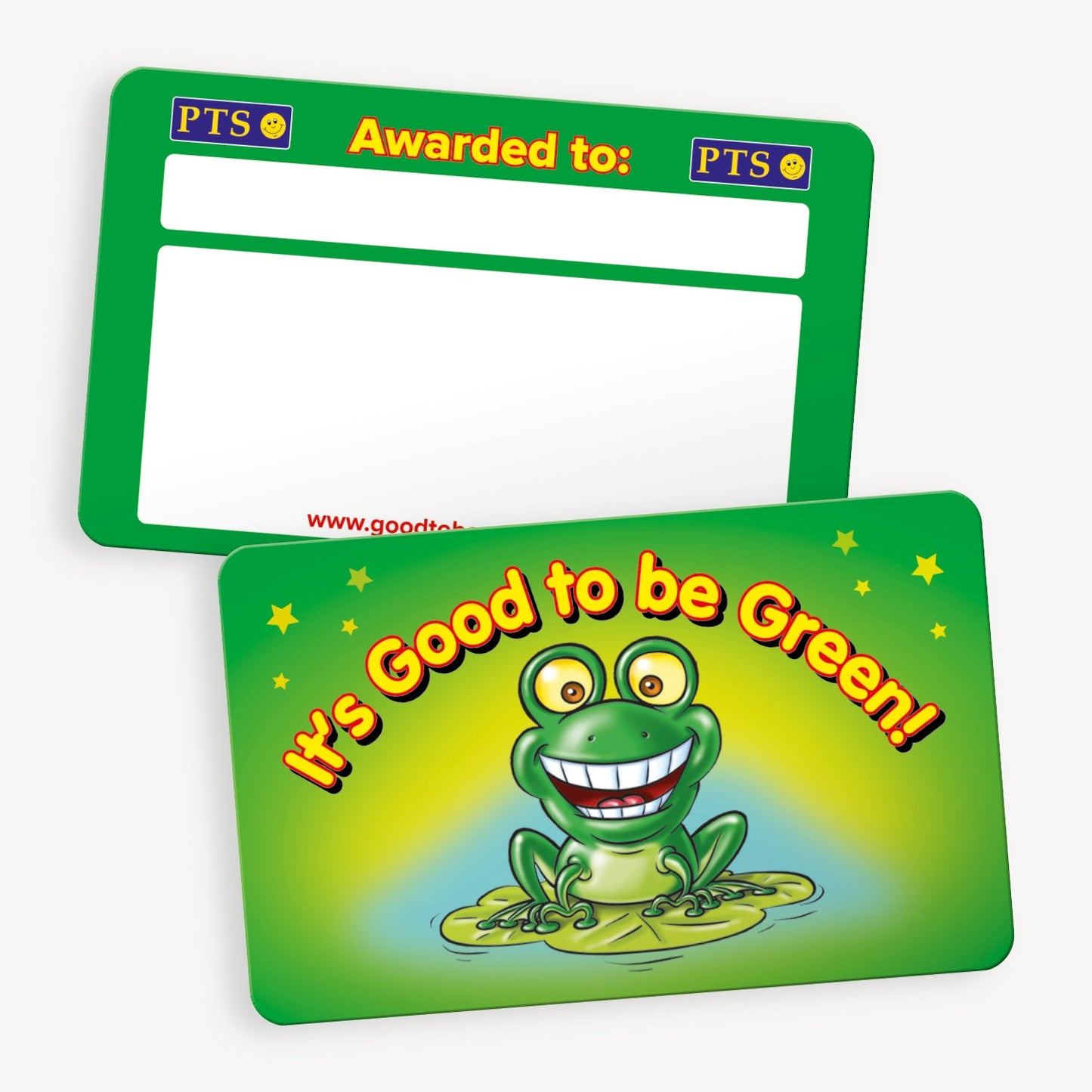 A set of ten CertifiCARDS, each featuring a green background with a cheerful green frog illustration with wide eyes and a big smile, sitting on a lily pad.  The phrase 'IT'S GOOD TO BE GREEN' in bold  yellow lettering surrounds the frog; the reverse side includes spaces 'Awarded to:' and space to handwrite reason for award.