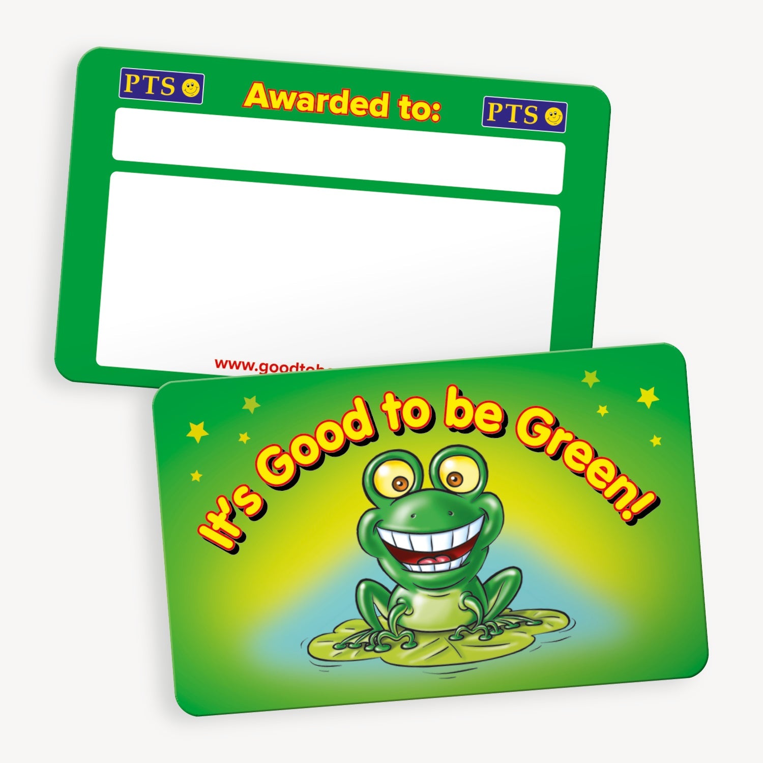 A set of ten CertifiCARDS, each featuring a green background with a cheerful green frog illustration with wide eyes and a big smile, sitting on a lily pad.  The phrase 'IT'S GOOD TO BE GREEN' in bold  yellow lettering surrounds the frog; the reverse side includes spaces 'Awarded to:' and space to handwrite reason for award.