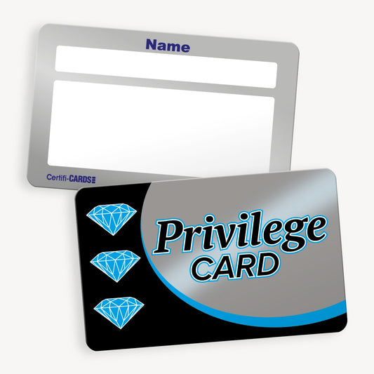 A set of ten CertifiCARDS, each featuring a metallic silver background with the phrase 'Privilege CARD' in bold black and blue text, accompanied by three blue diamond icons; the reverse side includes a white space labelled 'Name' for personalisation