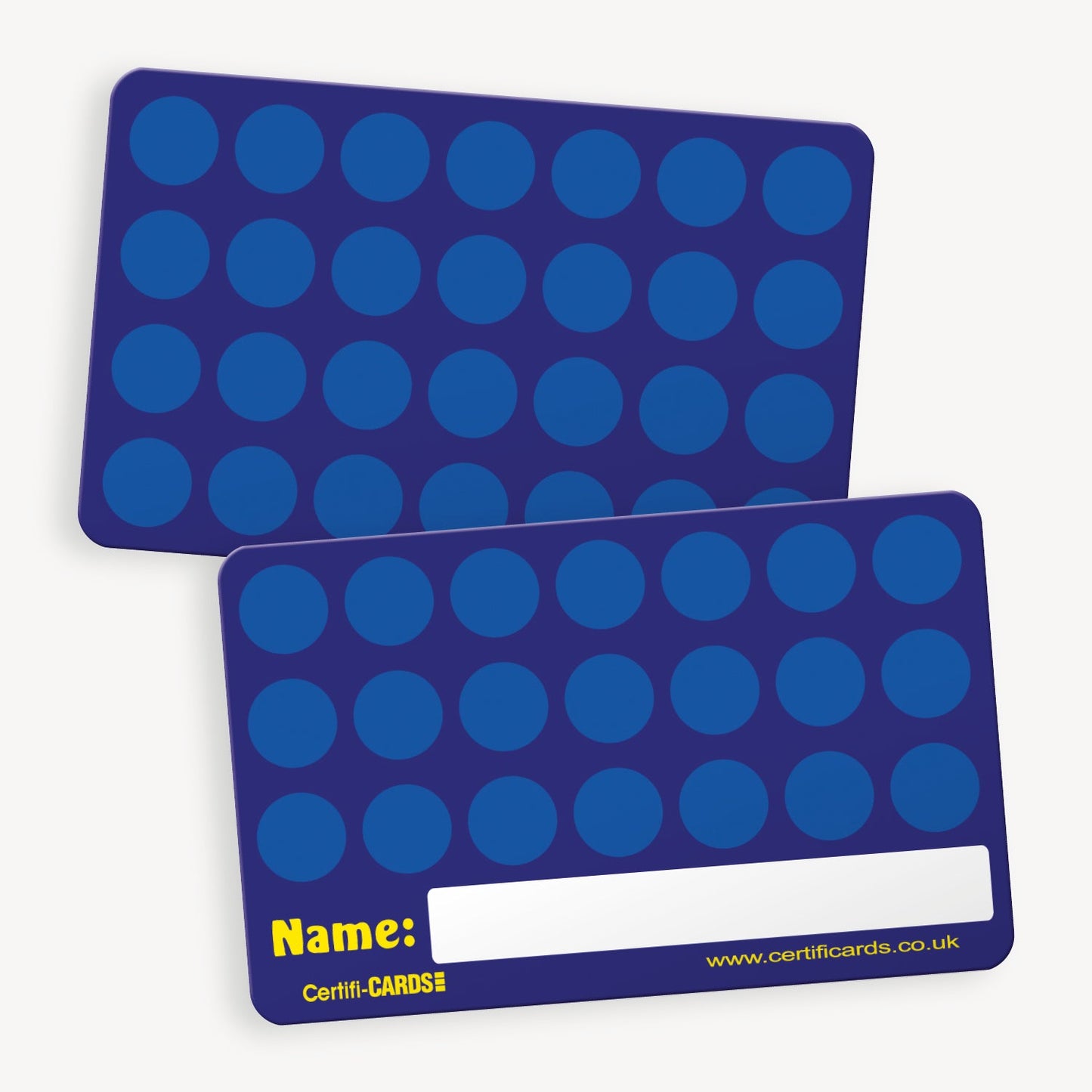 CertifiCARD measuring 86mm by 54mm, featuring a dark blue front and back with 49 paler blue circles as spaces for collecting diddi dot stickers. There is a white box for recipients name.