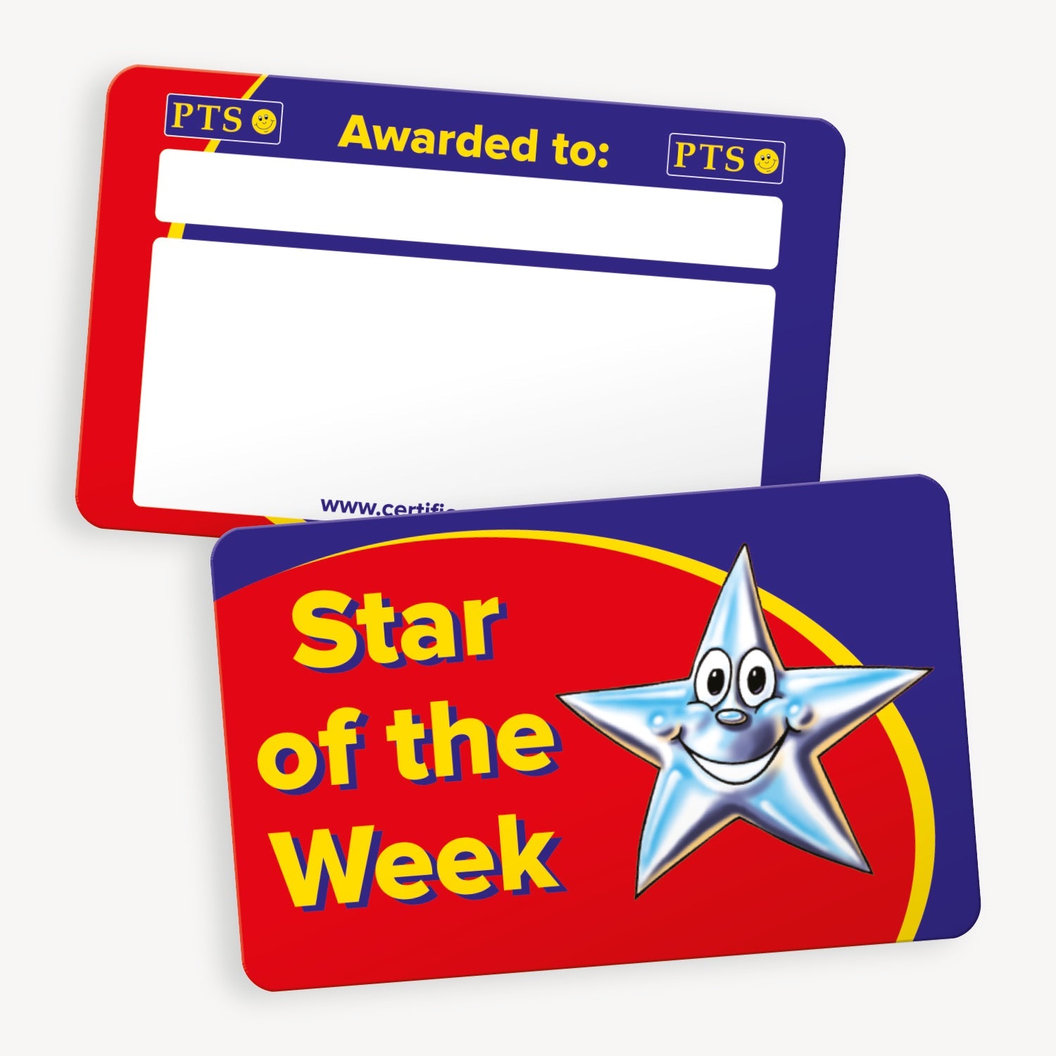A set of ten CertifiCARDS, each featuring a bright red background with a smiling silver star illustration and bold yellow text reading 'Star of the Week'; includes white spaces labelled 'Awarded to:' and 'Date:' for personalisation.