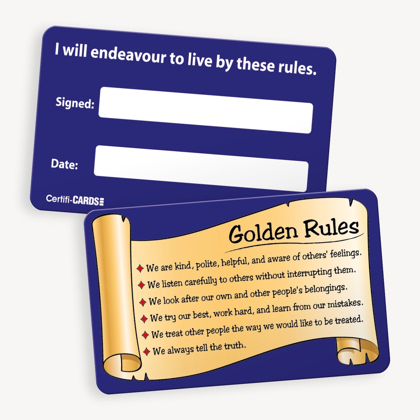 A set of ten plastic CertifiCARDS titled 'Golden Rules', each featuring a scroll design listing ten positive behaviour guidelines such as 'We are kind, polite, helpful, and aware of others' feelings'; includes spaces for pupil signature and date, intended to promote classroom values and personal responsibility.