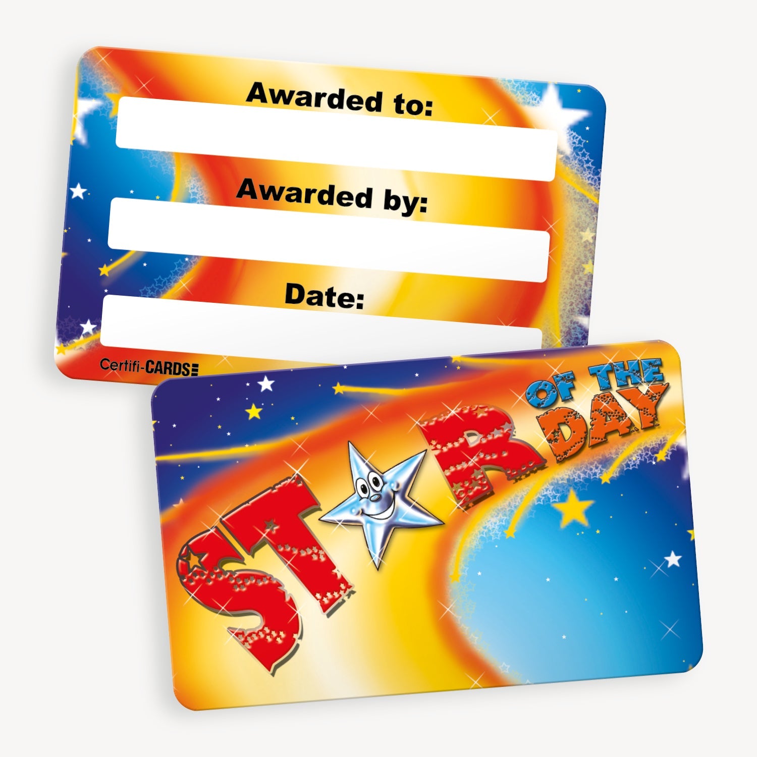 A set of ten wallet-sized  CertifiCARDS, each featuring a vibrant design with a cheerful silver star character and the phrase 'Star of the Day' in bold, colourful text; includes spaces labelled 'Awarded to:', 'Awarded by:', and 'Date:' for personalisation; designed to celebrate and reward pupils' exceptional efforts and positive behaviour in educational settings.