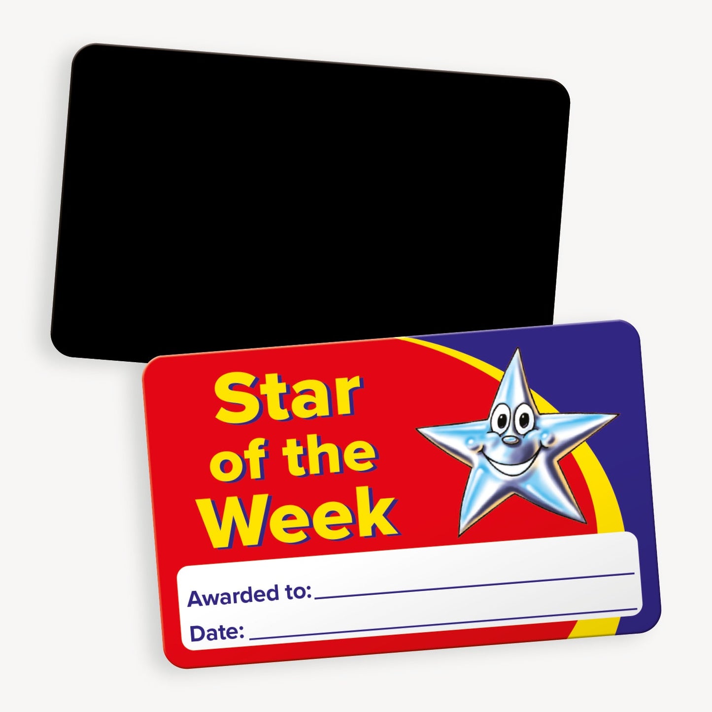 A set of ten CertifiCARDS, each featuring a bright red background with a smiling silver star illustration and bold yellow text reading 'Star of the Week'; includes white spaces labelled 'Awarded to:' and 'Date:' for personalisation; designed with a magnetic back.