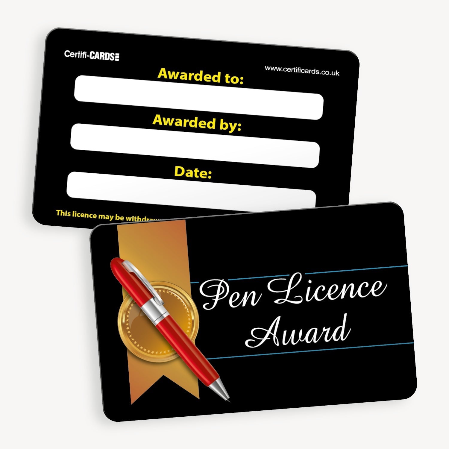 A set of ten CertifiCARDS, each features a gold rosette on the left hand side, underneath a red and silver pen.  'Pen Licence Award' in script font in white text on a dark background; the reverse side includes spaces labelled 'Awarded to:', 'Awarded by:', and 'Date:' for personalisation.