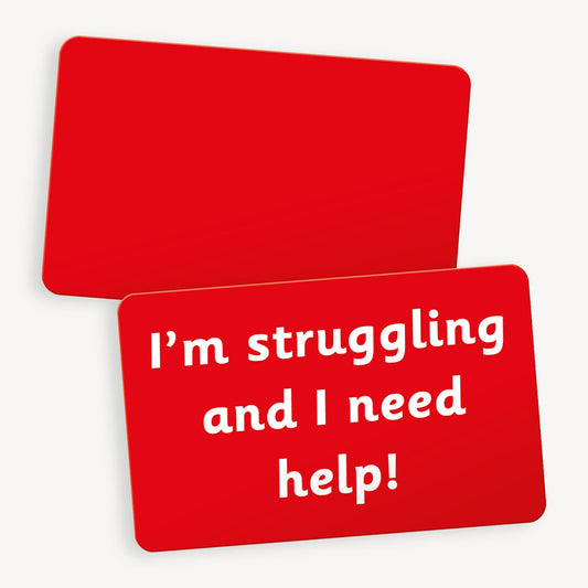 A set of ten CertifiCARDS, vibrant red on both sides.  The front has the phrase 'I'm stuggling and I need help!' clearly shown in white bold writing.