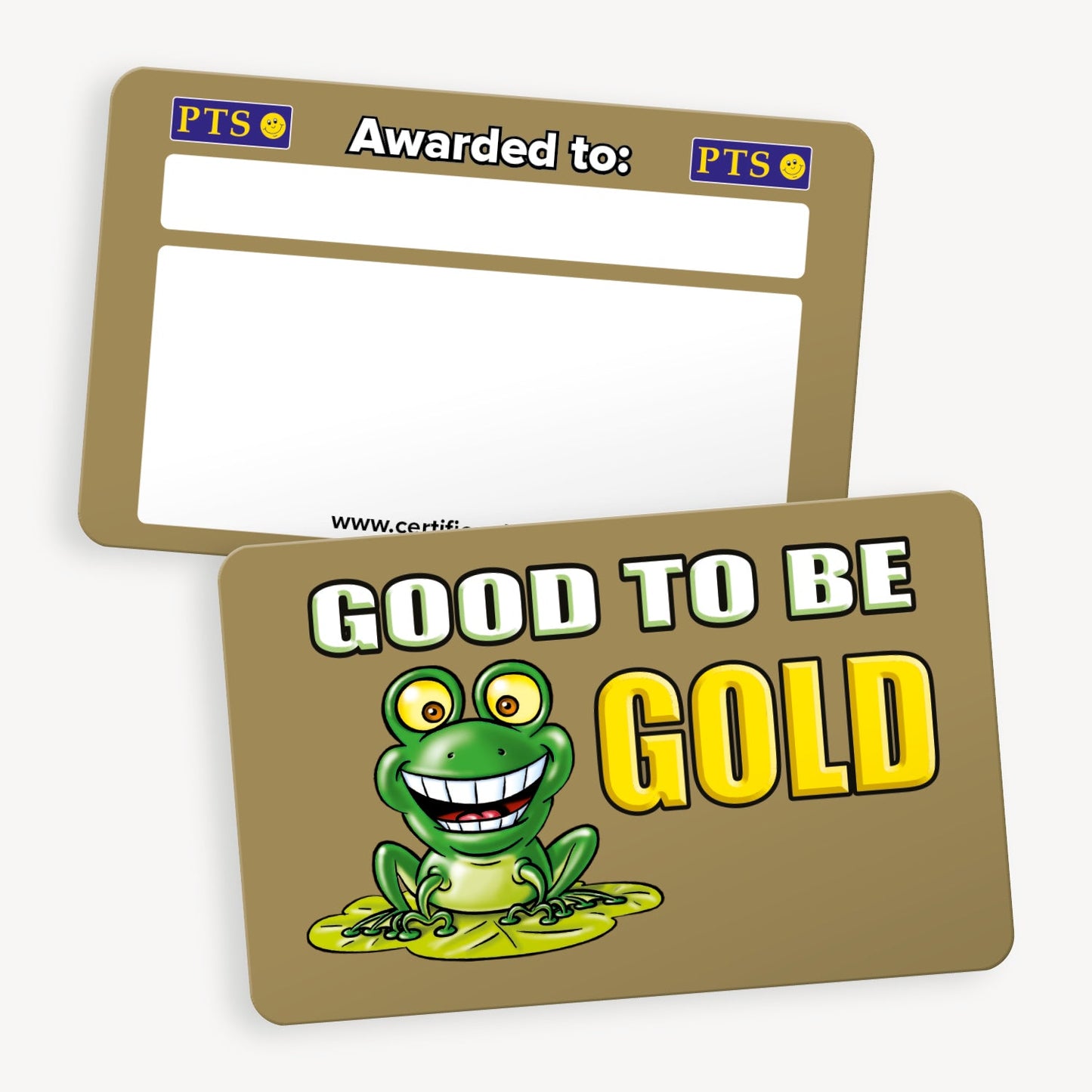 A set of ten CertifiCARDS, each featuring a gold background with a cheerful green frog illustration with wide eyes and a big smile, sitting on a lily pad.  The phrase 'GOOD TO BE GOLD' in bold lettering surrounds the frog; the reverse side includes spaces 'Awarded to:' and space to handwrite reason for award.