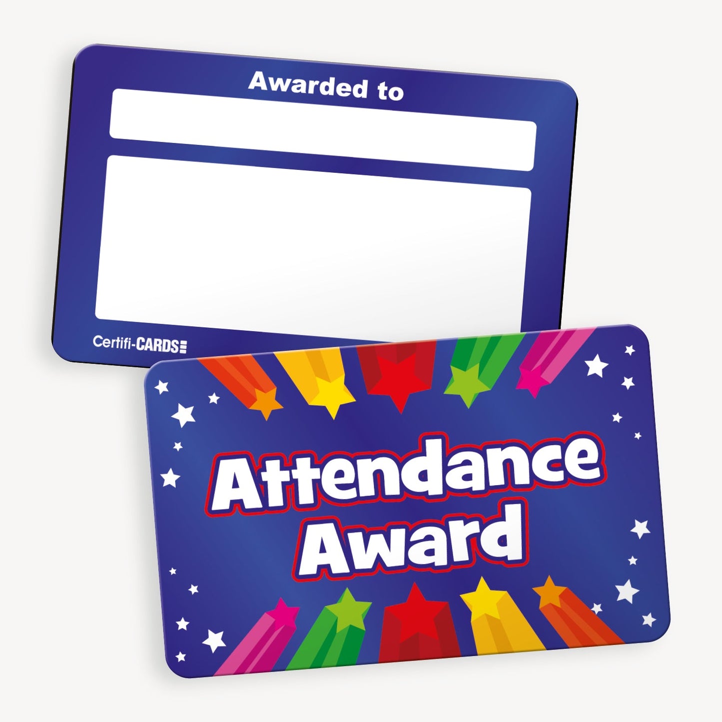 CertifiCARD measuring 86mm by 54mm, featuring a dark blue front with 'ATTENDANCE AWARD' central to the design and 5 shooting stars below and above the wording; reverse side includes two white boxes for handwritten recipient details.