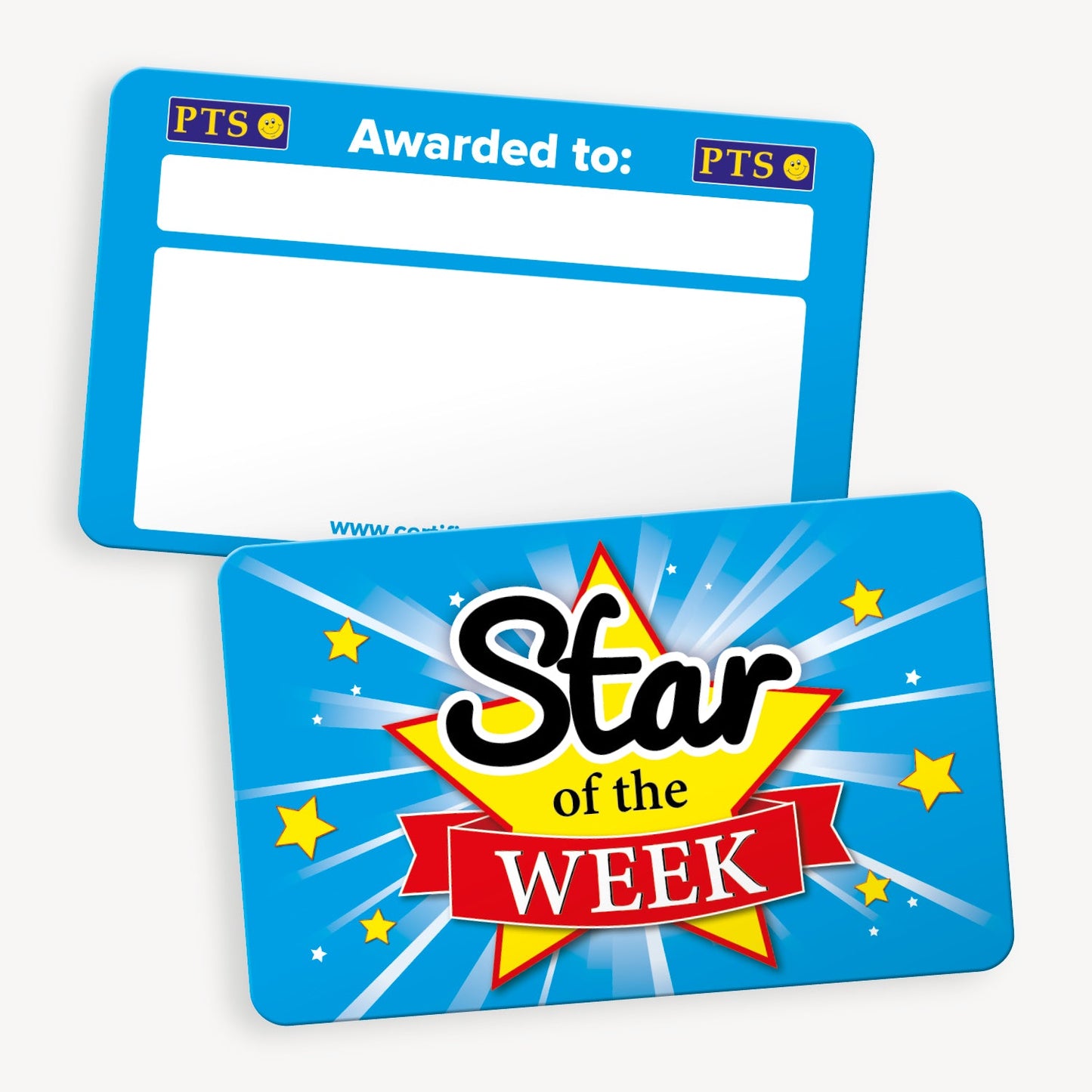 A set of ten wallet-sized 'Star of the Week' CertifiCARDS, each featuring a bright cyan background adorned with a gold star and a red banner with bold black and white text reading 'Star of the Week'; includes a white space labelled 'Awarded to:' for personalisation