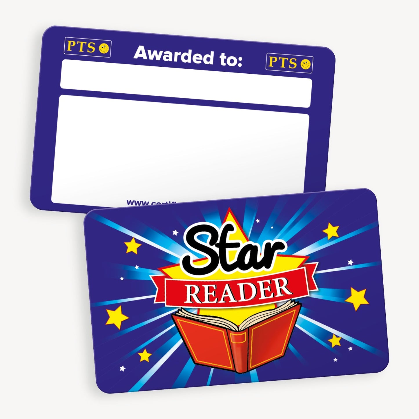 A set of ten wallet-sized 'Star Reader' CertifiCARDS, each featuring a vibrant blue background with yellow stars, a red open book illustration, and the phrase 'Star Reader' in bold white and red text; includes a white space labelled 'Awarded to:' for personalisation; designed to celebrate pupils' reading achievements in educational settings.