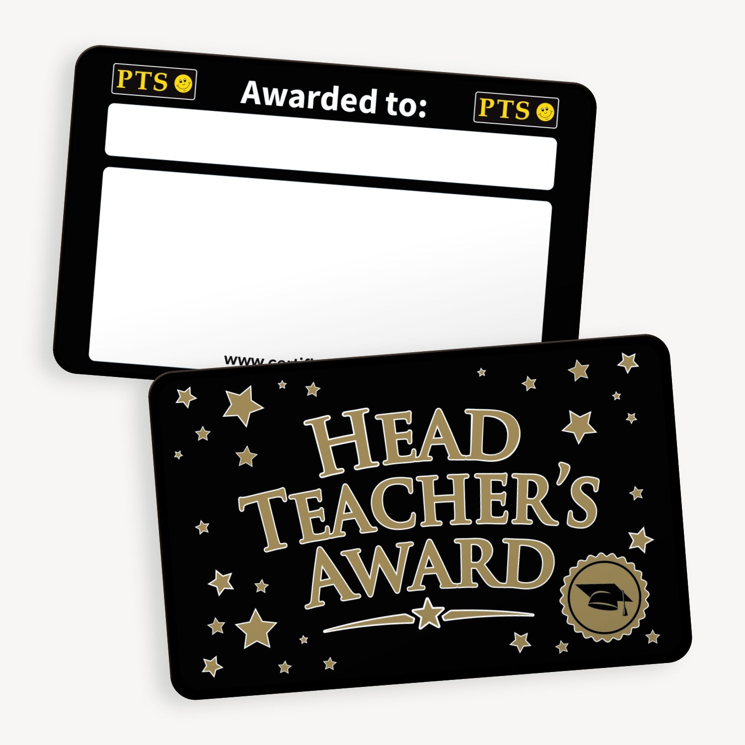CertifiCARD measuring 86mm by 54mm, featuring a black front with ''HEAD TEACHER'S AWARD' in bold gold letters, surrounded by gold stars.  The bottom right corner has a golden seal with a black mortarboard within it.  The reverse side includes two white boxes for writing  'Awarded to:' and the reason.