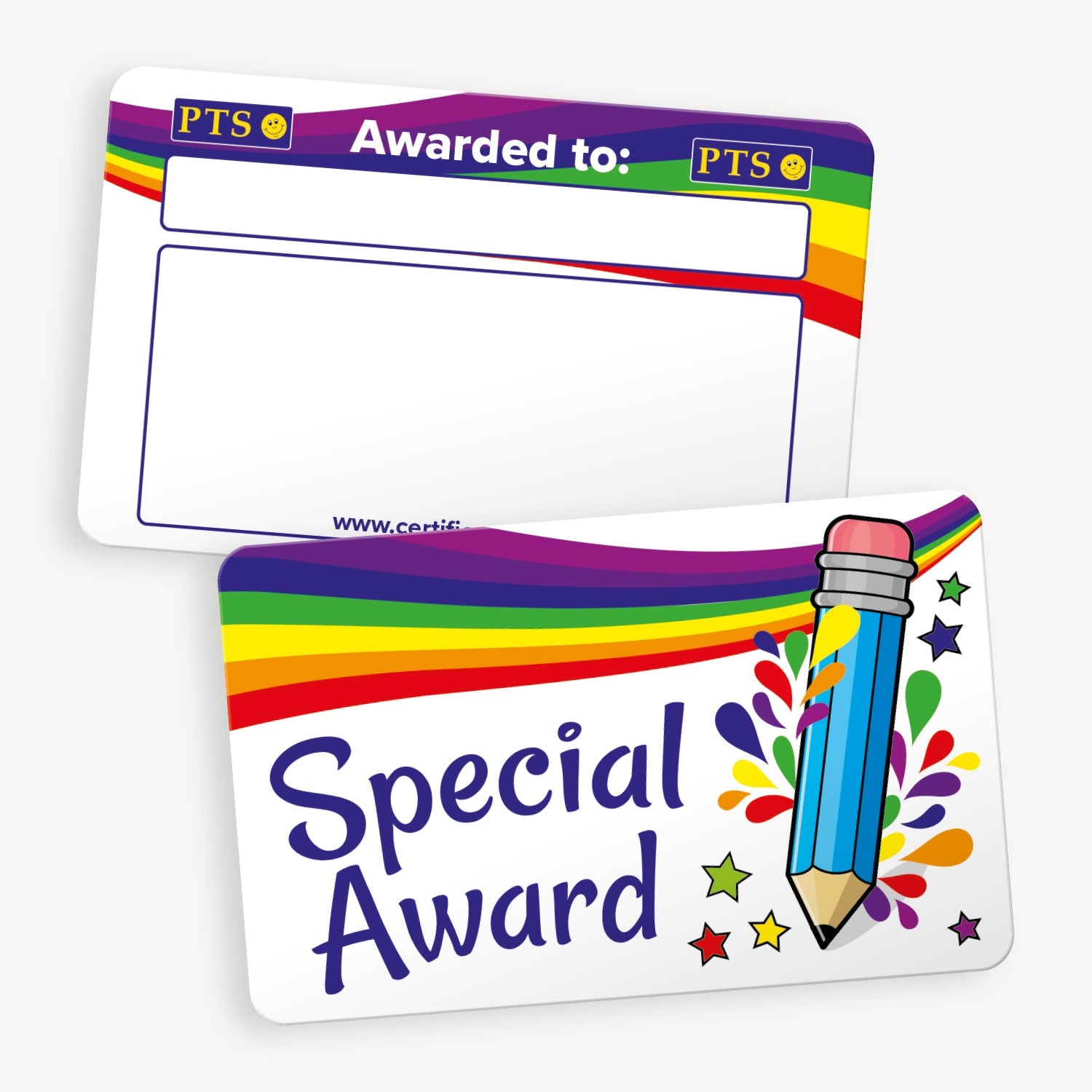 A set of ten wallet-sized 'Special Award' CertifiCARDS, each featuring a vibrant rainbow banner at the top and a colourful pencil illustration on the right side; includes spaces labelled 'Awarded to:' for personalisation; designed to celebrate pupils' achievements and positive behaviour in educational settings.