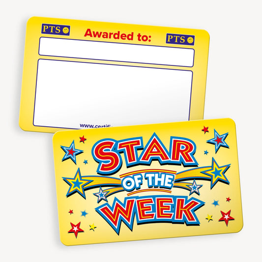 A set of ten wallet-sized 'Star of the Week' CertifiCARDS, each featuring a bright yellow background adorned with colourful stars and bold red and blue text reading 'Star of the Week'; includes a white space labelled 'Awarded to:' for personalisation