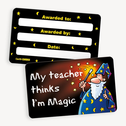 A set of ten CertifiCARDS, each featuring a cartoon wizard in a starry robe holding a wand, with the phrase 'My teacher thinks I'm magic' in white text on a dark background; the reverse side includes spaces labelled 'Awarded to:', 'Awarded by:', and 'Date:' for personalisation.