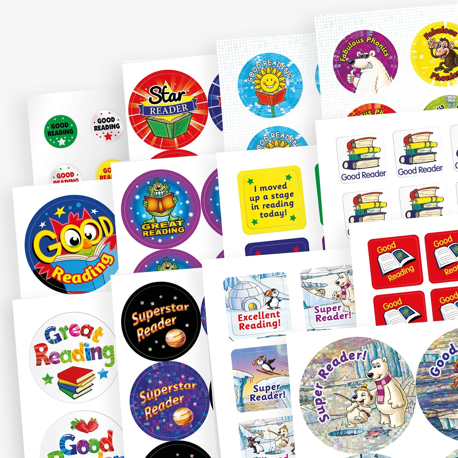 A variety of colourful reading reward stickers with phrases such as 'Star Reader', 'Great Reading', 'Superstar Reader', 'Good Reader', and 'I moved up a stage in reading today!'. Designs feature books, stars, smiling characters, animals, and vibrant backgrounds, intended to motivate and celebrate children's reading achievements.