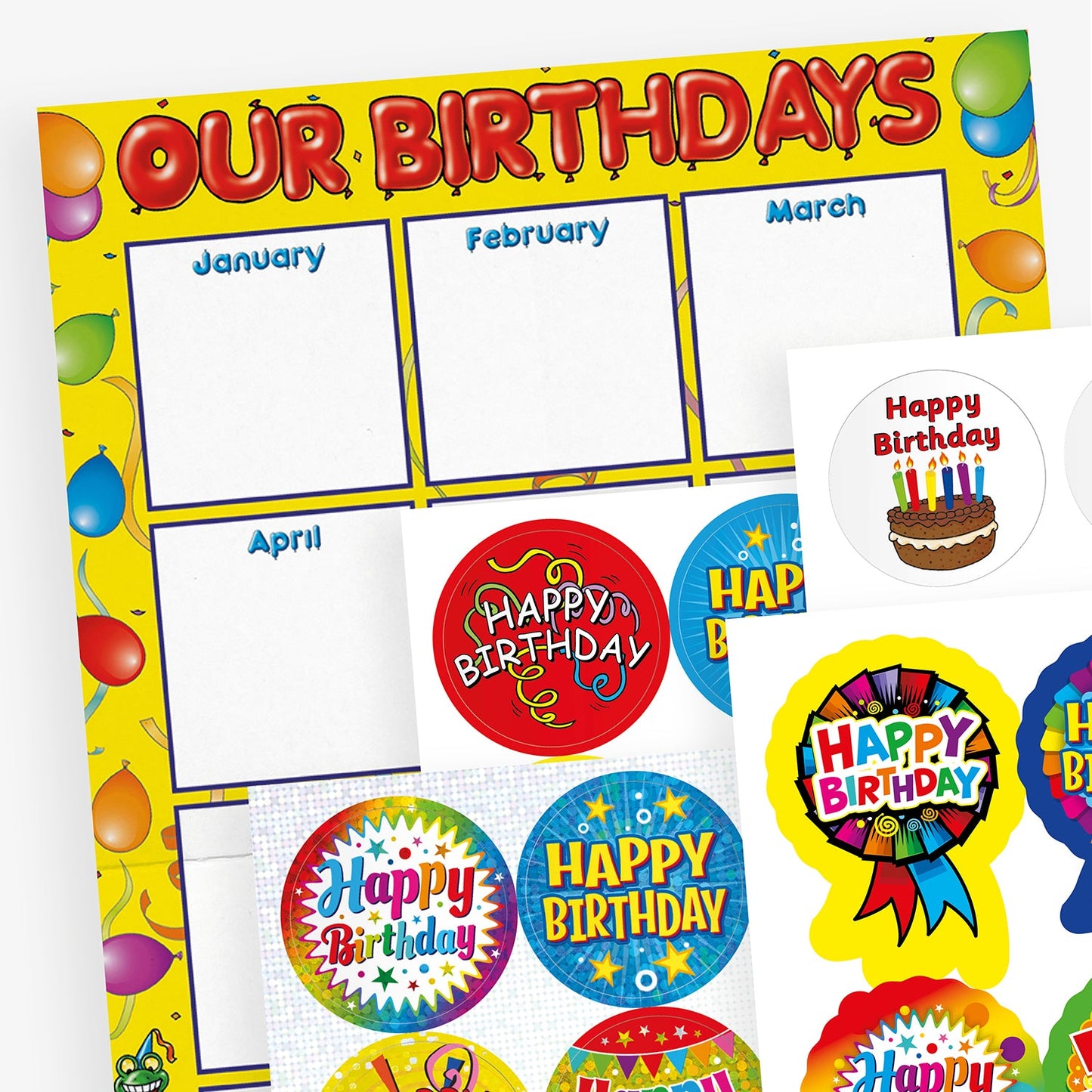 A colourful classroom birthday chart titled 'Our Birthdays' with boxes for each month to record pupils' birthdays. The chart has a yellow background decorated with balloons and smiley faces. Various 'Happy Birthday' stickers with festive designs, such as cakes, stars, and ribbons, are shown beside the chart, intended for celebrating and displaying children's birthdays throughout the school year.