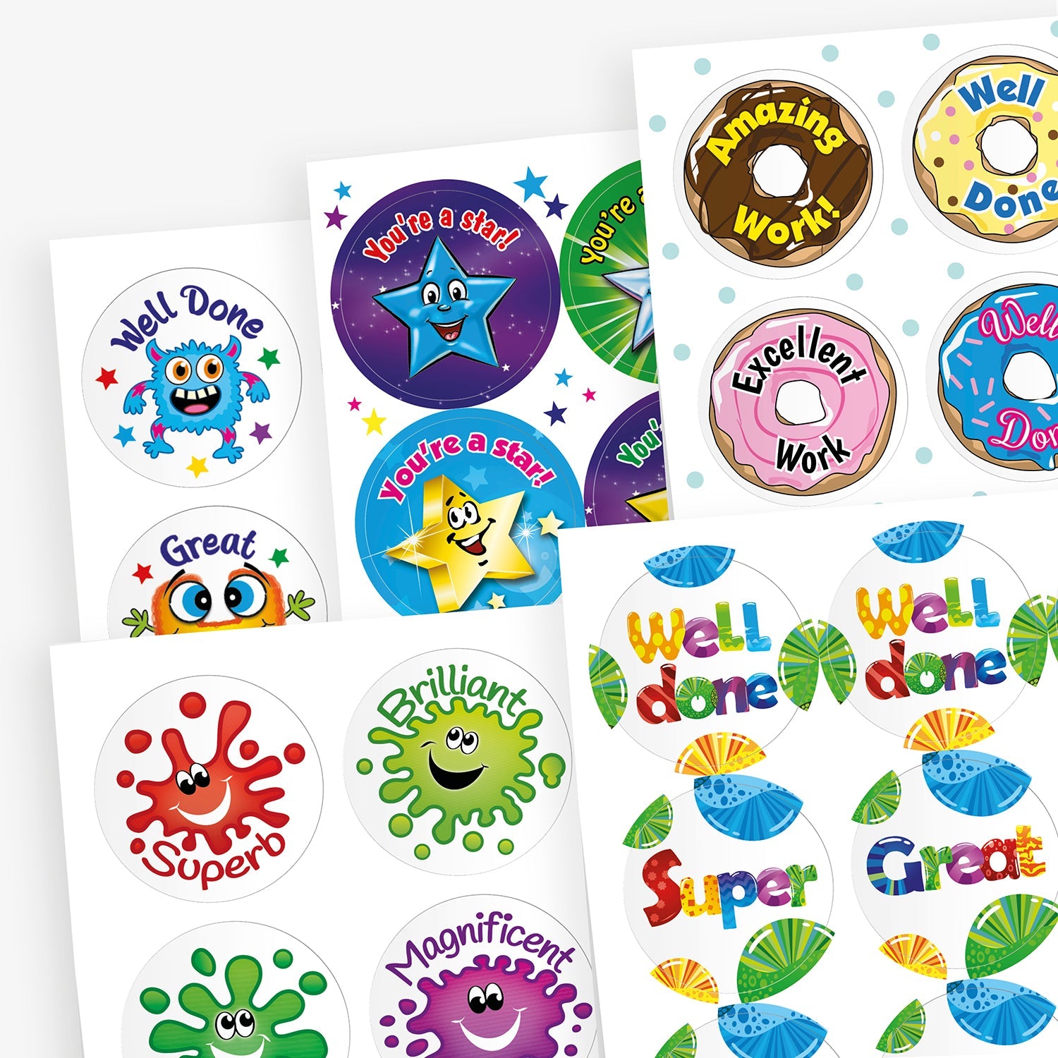 Assorted scented sheets of colourful reward stickers featuring positive messages such as 'Well Done', 'Great', 'Amazing Work', 'You're a Star!', and 'Excellent'. Designs include robots, donuts, stars, and vibrant patterns in various shapes and colours.