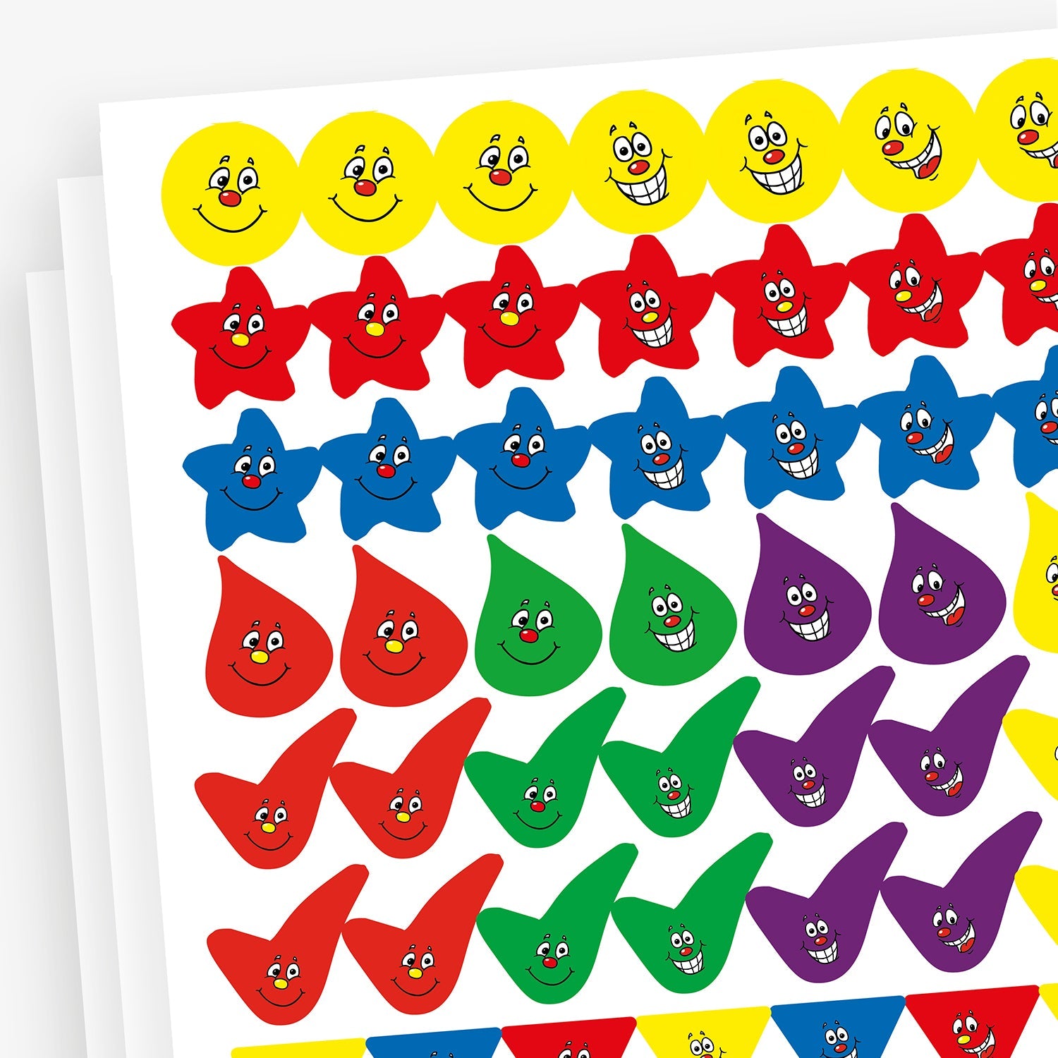 Assorted cartoon-like smiling faces, stars, water droplets and ticks in yellow, red, blue, green and purple.  All with various facial expressions and 15mm in size